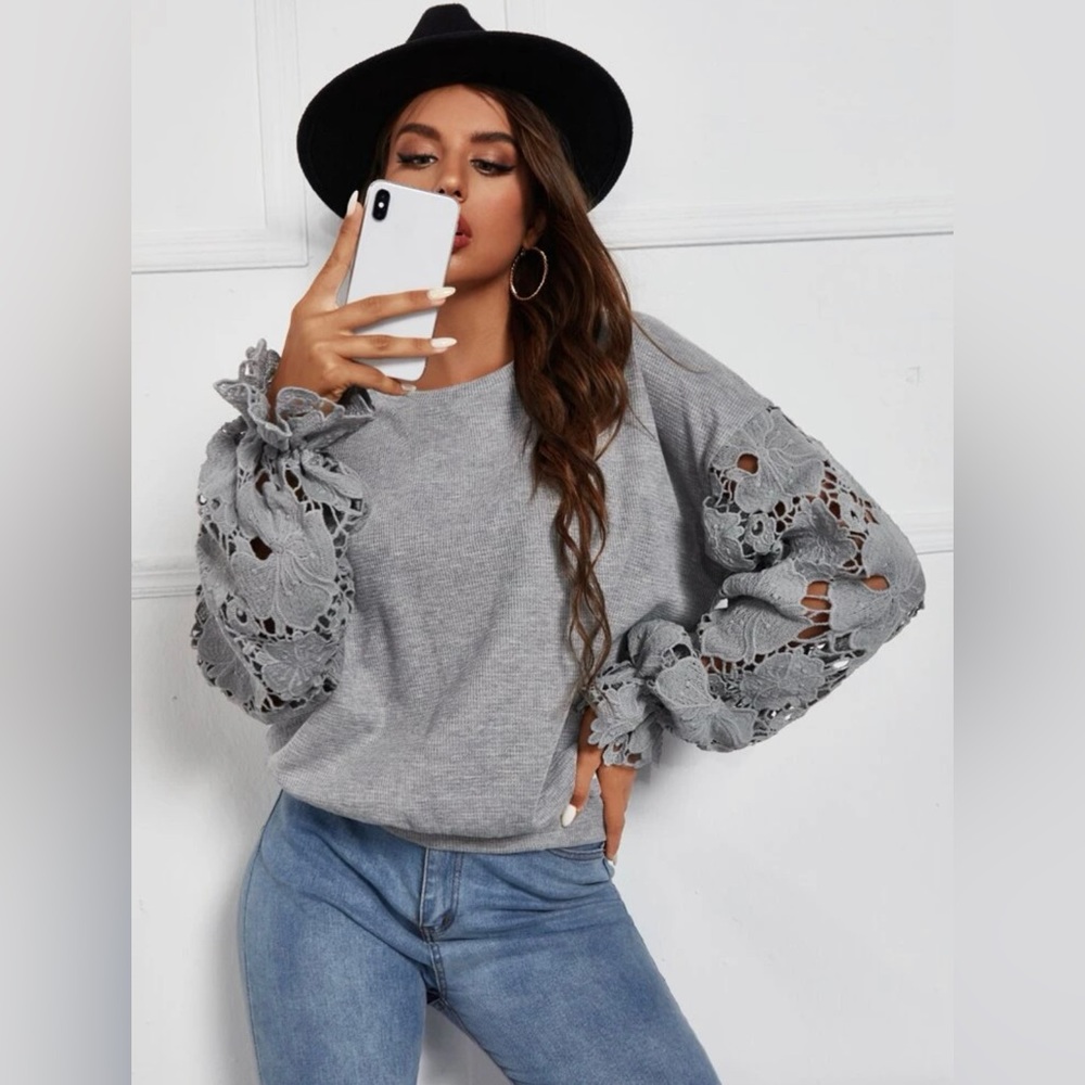 Grey Lace Sleeve Sweater Pullover
